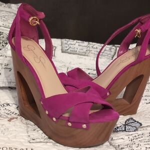 Pink and Brown Wedges with Crisscross Straps and Cutout Heel